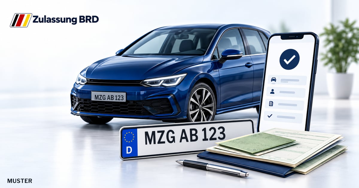 Online Fahrzeugzulassung in Merzig: Musterkennzeichen MZG AB 123, Auto und Fahrzeugpapiere und Smartphone. Illustration mit Logo von Zulassung BRD.